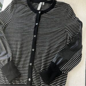Cashmere Black & White Striped Cardigan with Leather Sleeve Detail - fits like M